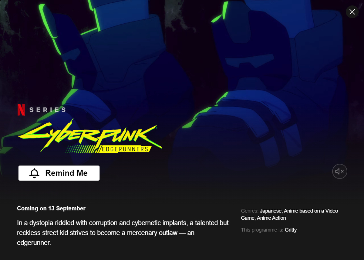 Netflix раскрыл дату премьеры Cyberpunk: Edgerunners