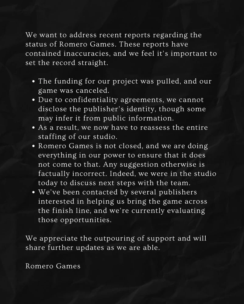 Студия Romero Games опровергла слухи о закрытии 