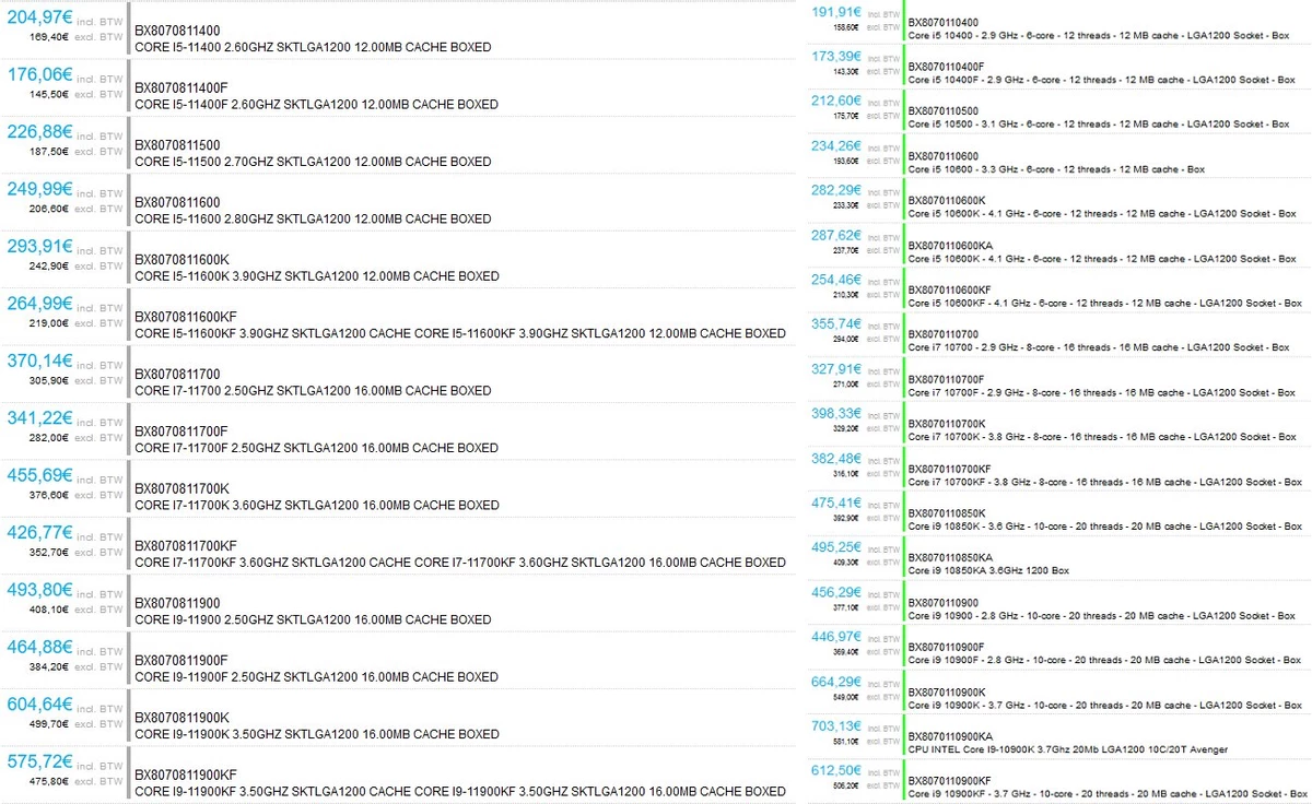 [Утечка] Несколько магазинов засветили цены на процессоры Intel 11 поколения