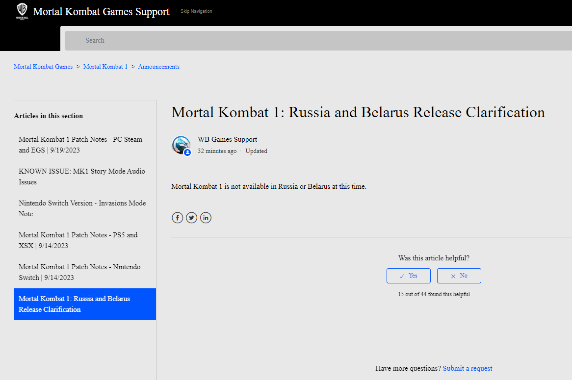 Сейчас Mortal Kombat 1 недоступна в России и Беларуси