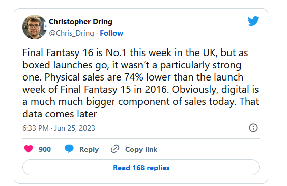 В Великобритании дисковая версия Final Fantasy XVI продается на 74% хуже, чем прошлая часть серии