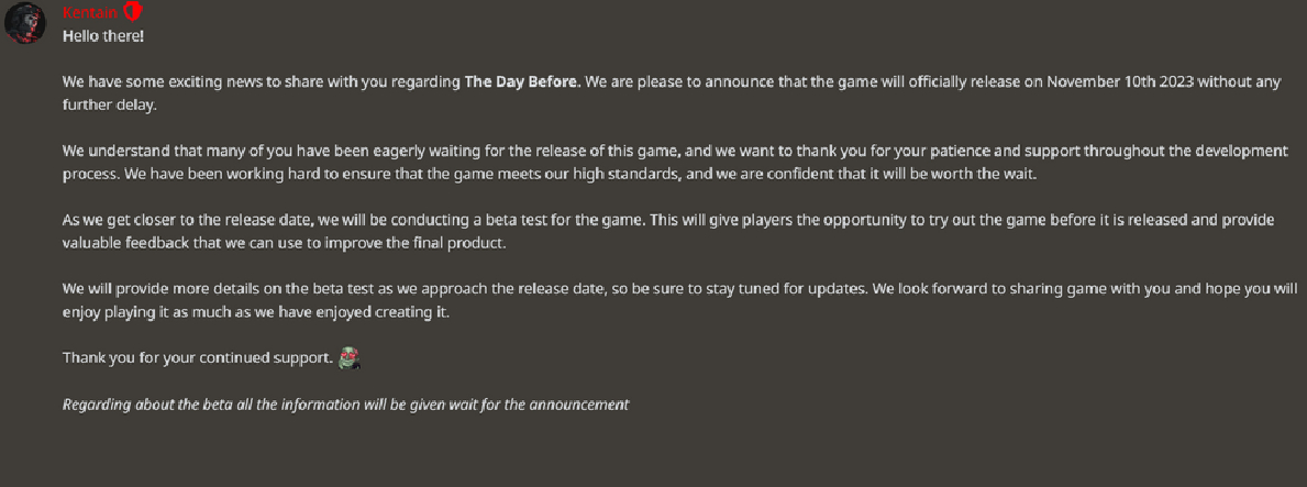 Разработчики The Day Before обещают выпустить игру в срок и планируют провести бета-тест
