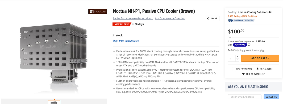 Noctua представила огромный процессорный кулер без вентиляторов