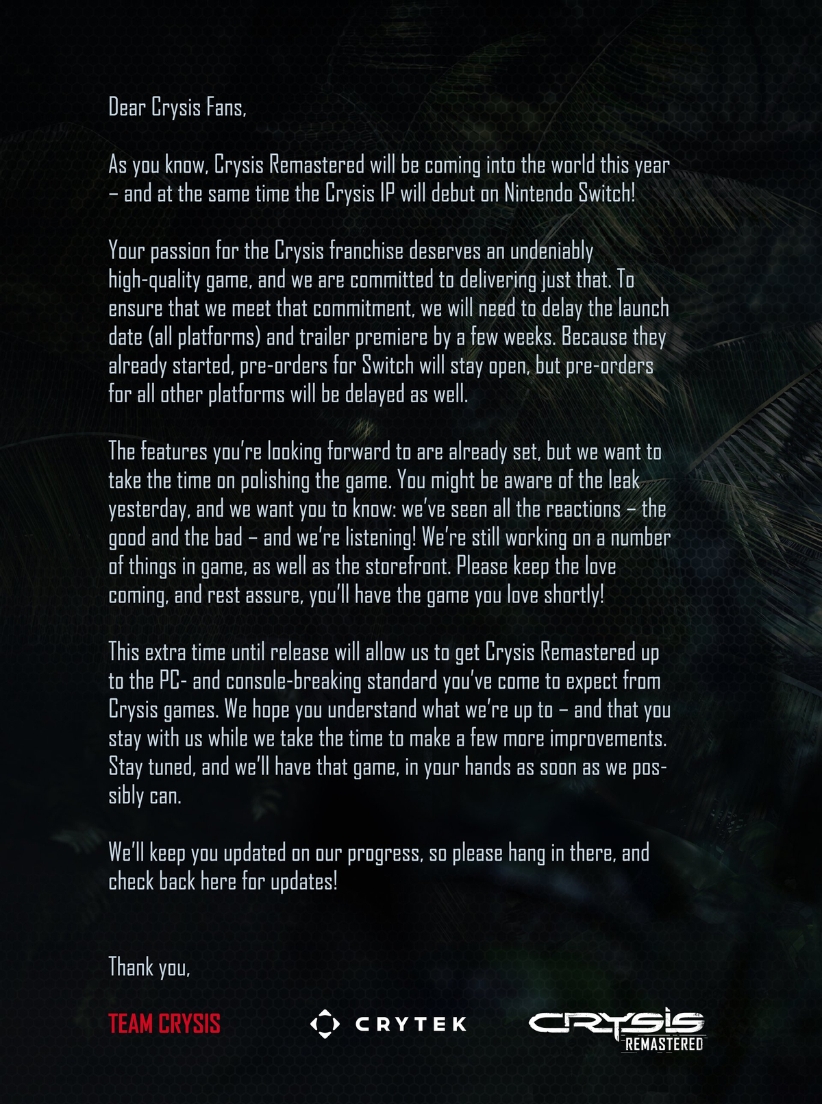 Crysis Remastered - Релиз официально был отложен
