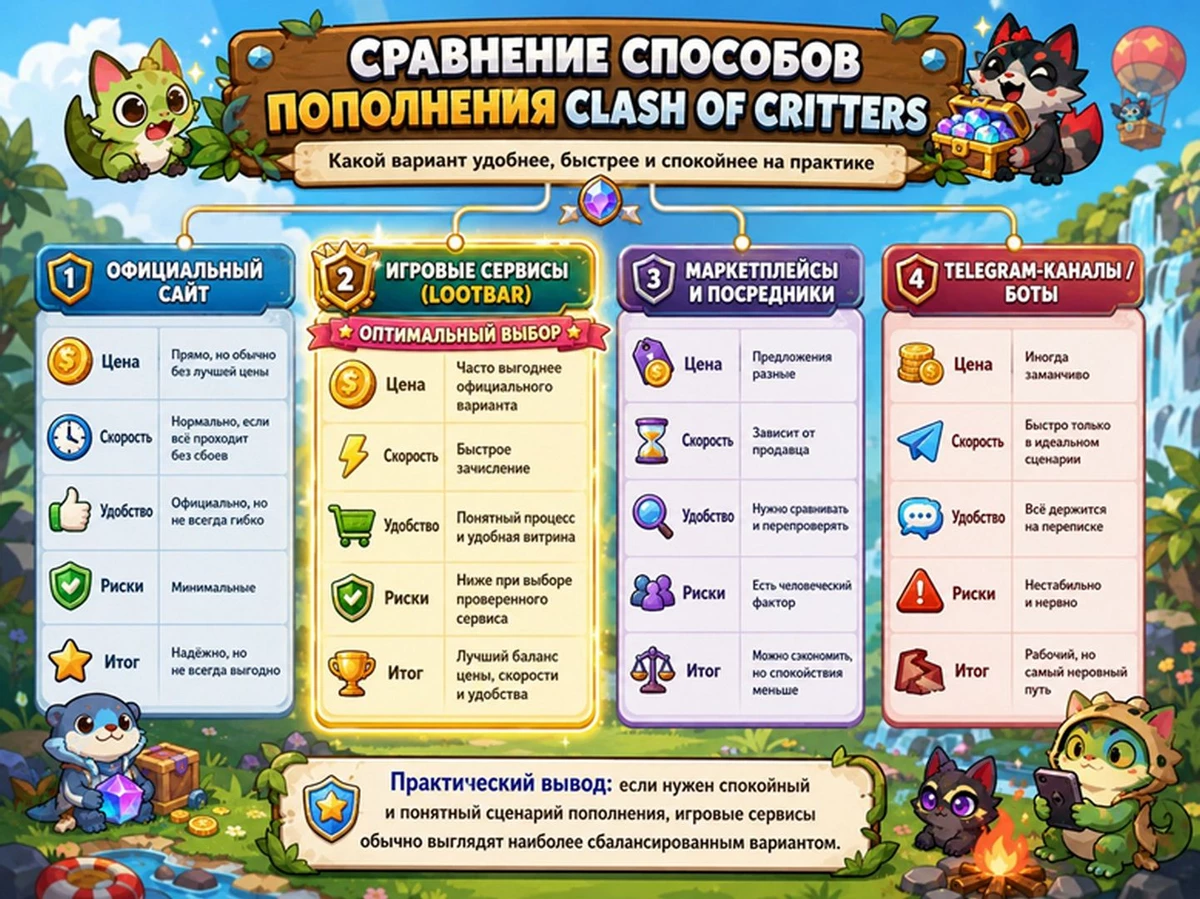 Сравнение способов пополнения Clash of Critters