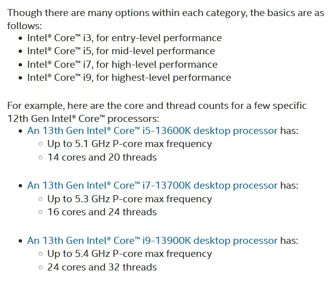 Официальные характеристики процессоров Intel Core 13 поколения