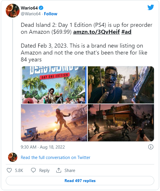 На Amazon обнаружили страницы Dead Island 2 издания первого дня