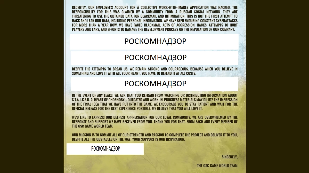Разработчик игры S.T.A.L.K.E.R. 2: Heart of Chornobyl просит фанатов не смотреть материалы, утекшие в сеть Разработчик игры S.T.A.L.K.E.R. 2: Heart of Chornobyl просит фанатов не смотреть материалы, утекшие в сеть