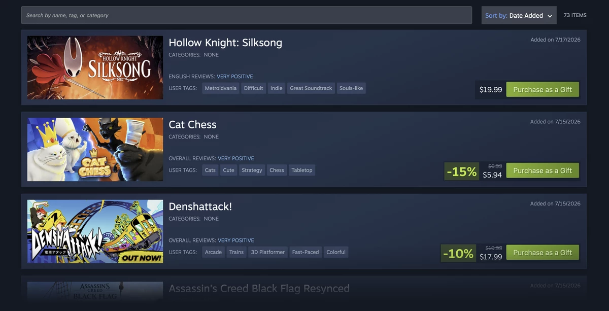 В Steam улучшили систему подарков и добавили категории для списка желаемого В Steam улучшили систему подарков и добавили категории для списка желаемого