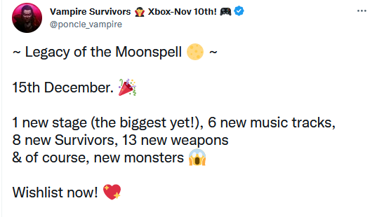 Для экшен-рогалика Vampire Survivors анонсировано первое платное DLC Legacy of the Moonspell