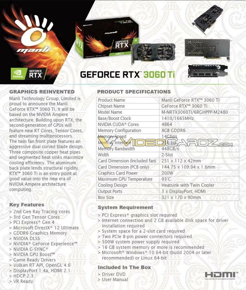 MANLI подтверждает характеристики RTX 3060 Ti