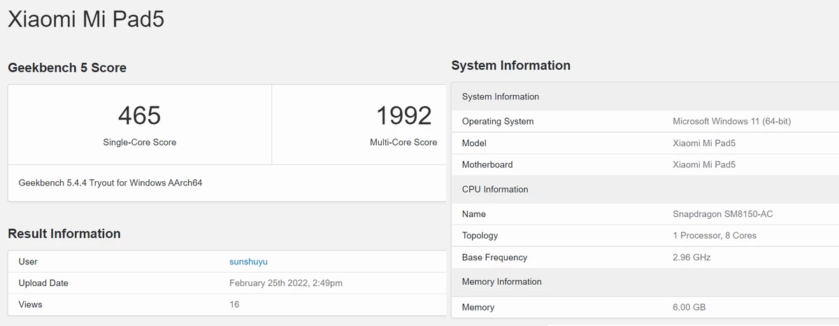 Пользователь запустил Windows 11 на планшете Xiaomi Mi Pad 5 и протестировал в Geekbench