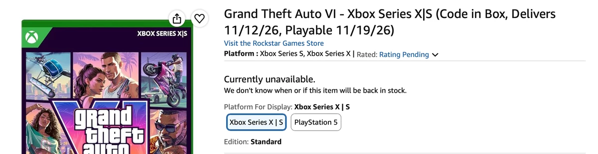 Физические копии GTA 6 полностью раскупили на Amazon Физические копии GTA 6 полностью раскупили на Amazon