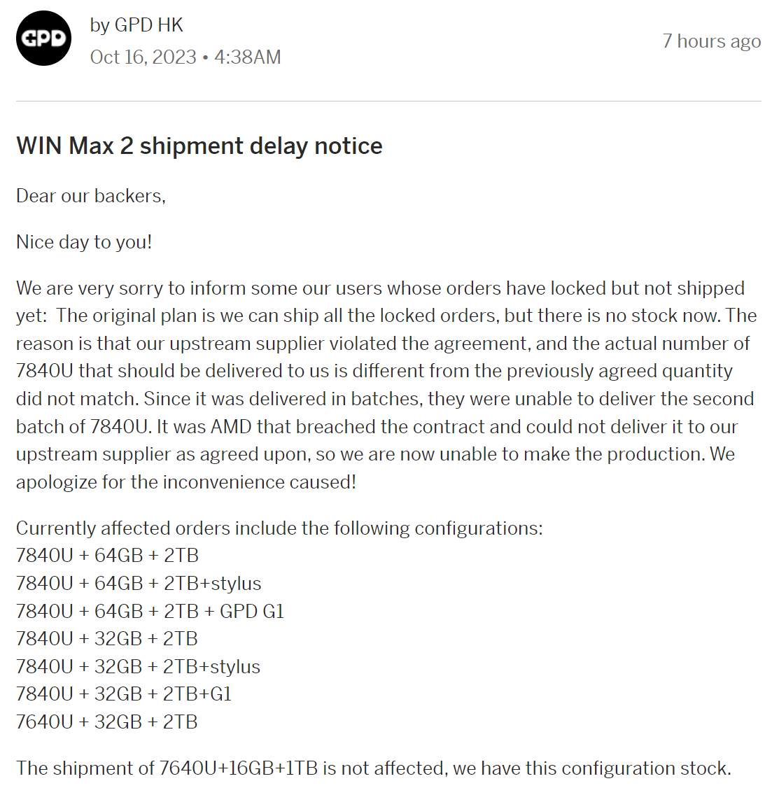 GPD обвиняет AMD в нарушении условий контракта поставки Ryzen 7 7840U