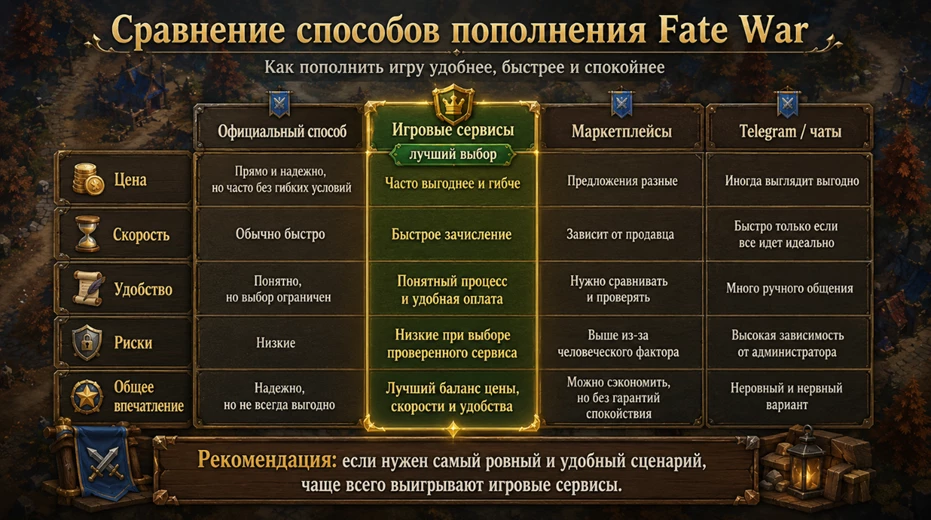 Сравнение способов пополнения Fate War в 2026 году в России