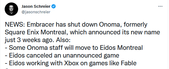 Шрайер: Embracer закрыла студию Onoma, бывшую Square Enix Montreal