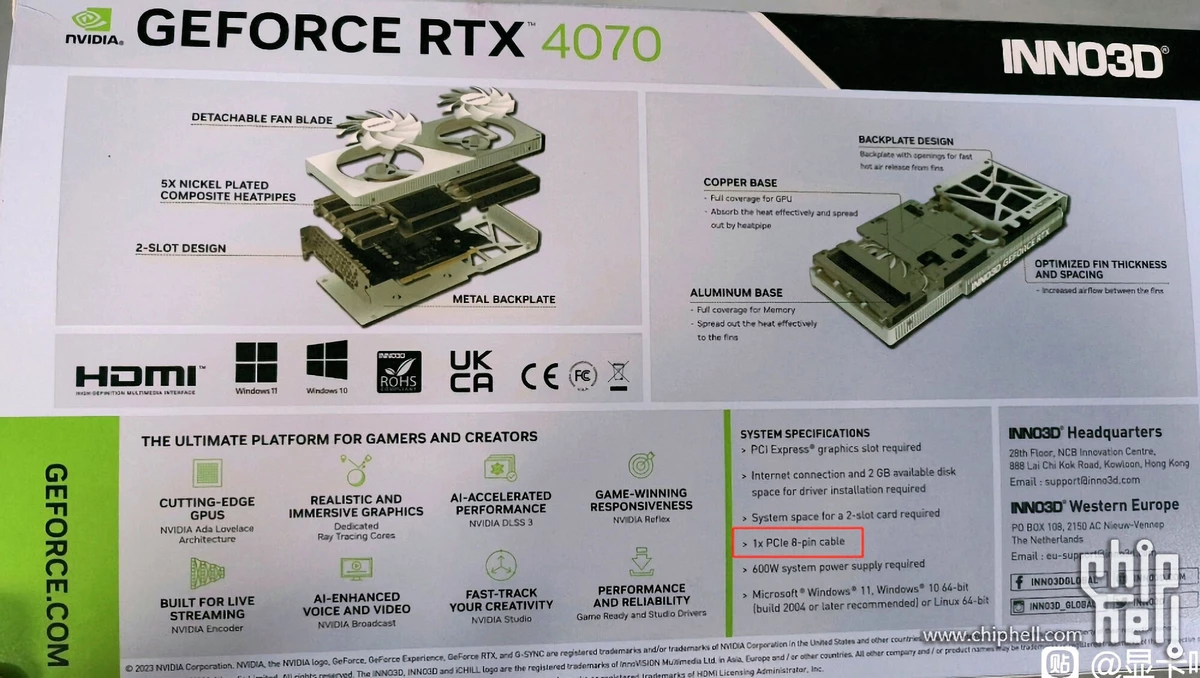 INNO3D RTX 4070 подтверждает использование 8-pin для питания INNO3D RTX 4070 подтверждает использование 8-pin для питания