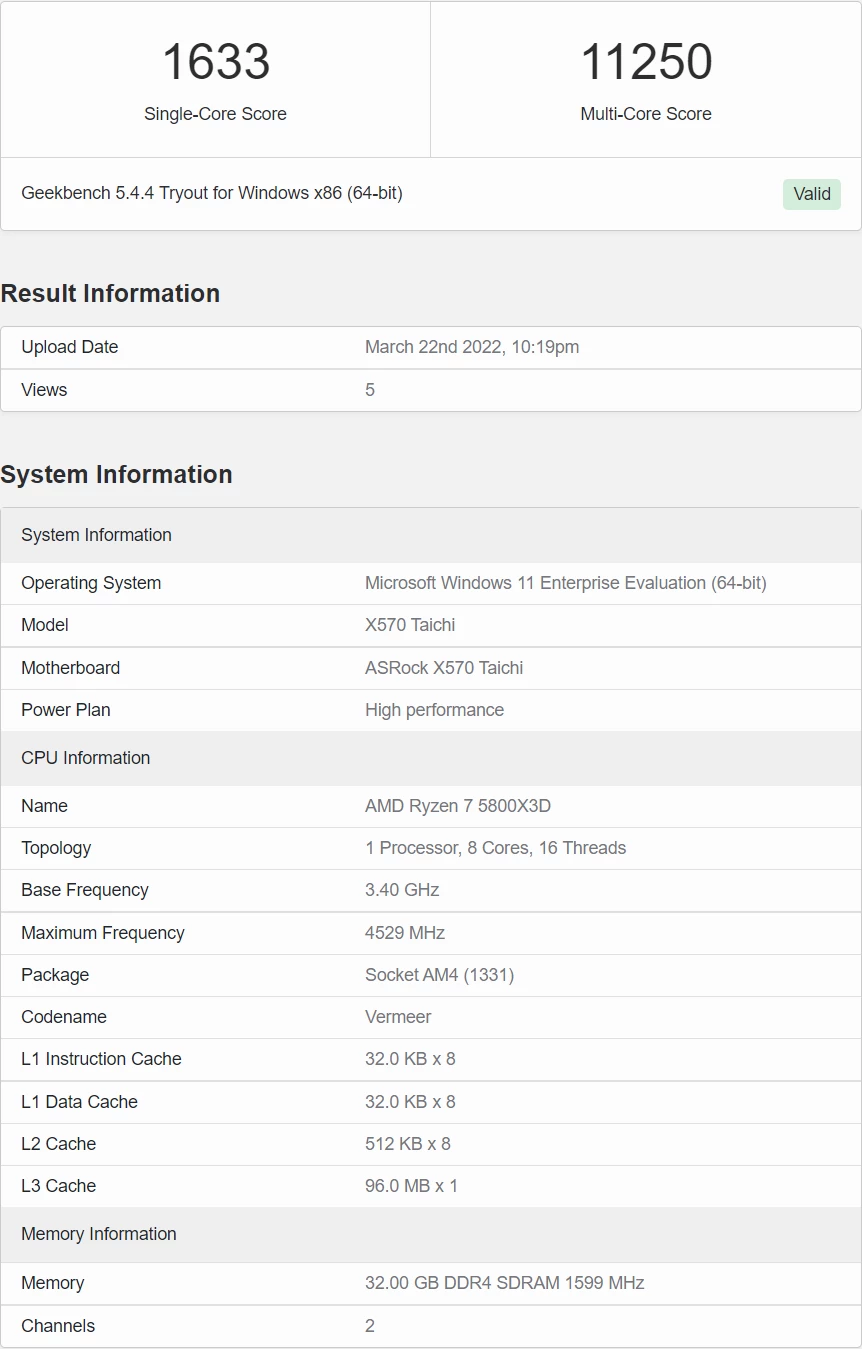 AMD Ryzen 7 5800X3D на 9% быстрее AMD Ryzen 7 5800X в Geekbench