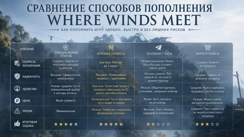  Таблица сравнения способов пополнения Where Winds Meet