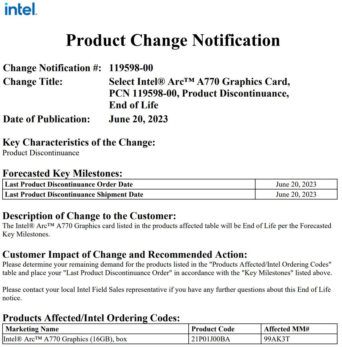 Intel сняла с производства ARC A770 Limited Edition 16 Гб