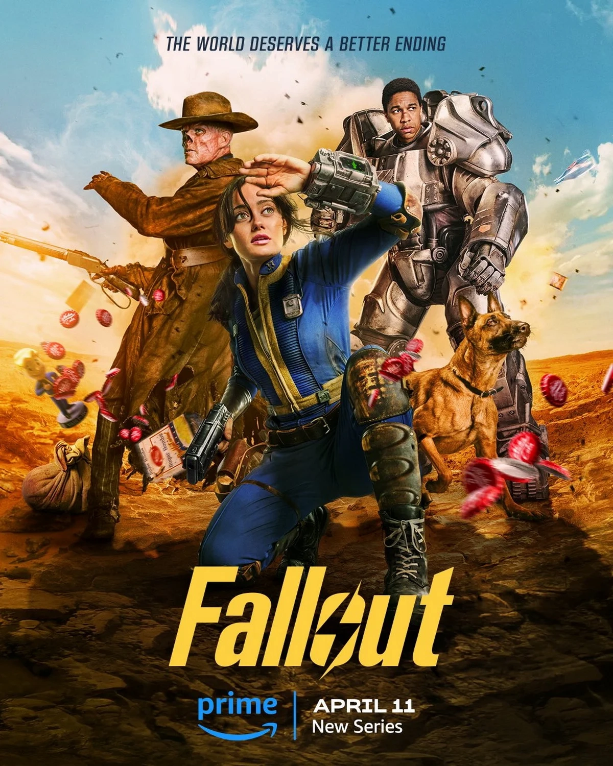 Трое на постере, не считая собаки — главные герои сериала Fallout 