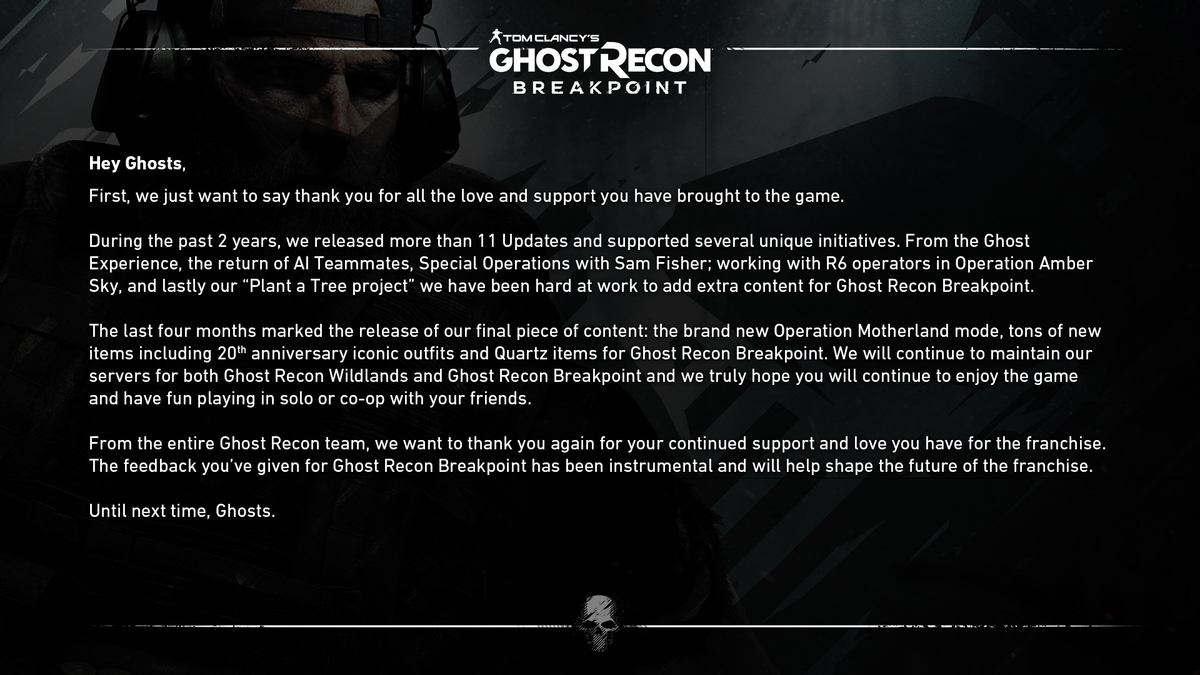 Ubisoft официально прекращает поддержку Ghost Recon Breakpoint