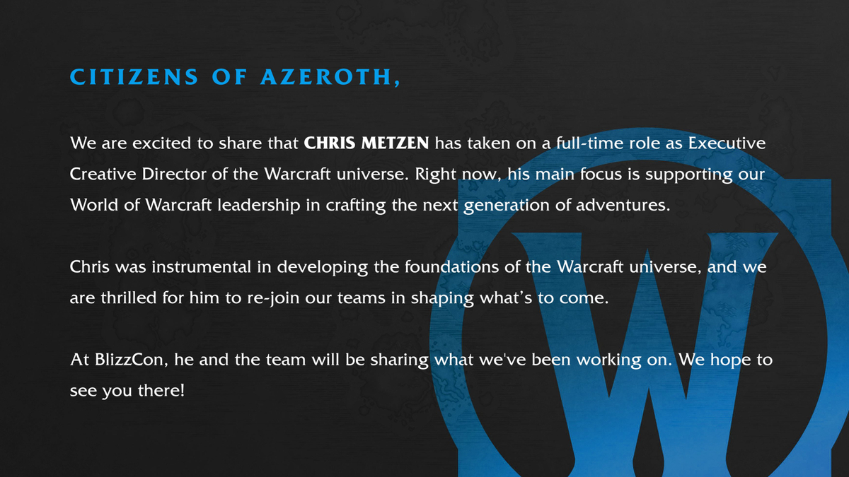 Крис Метцен стал исполнительным директором вселенной Warcraft