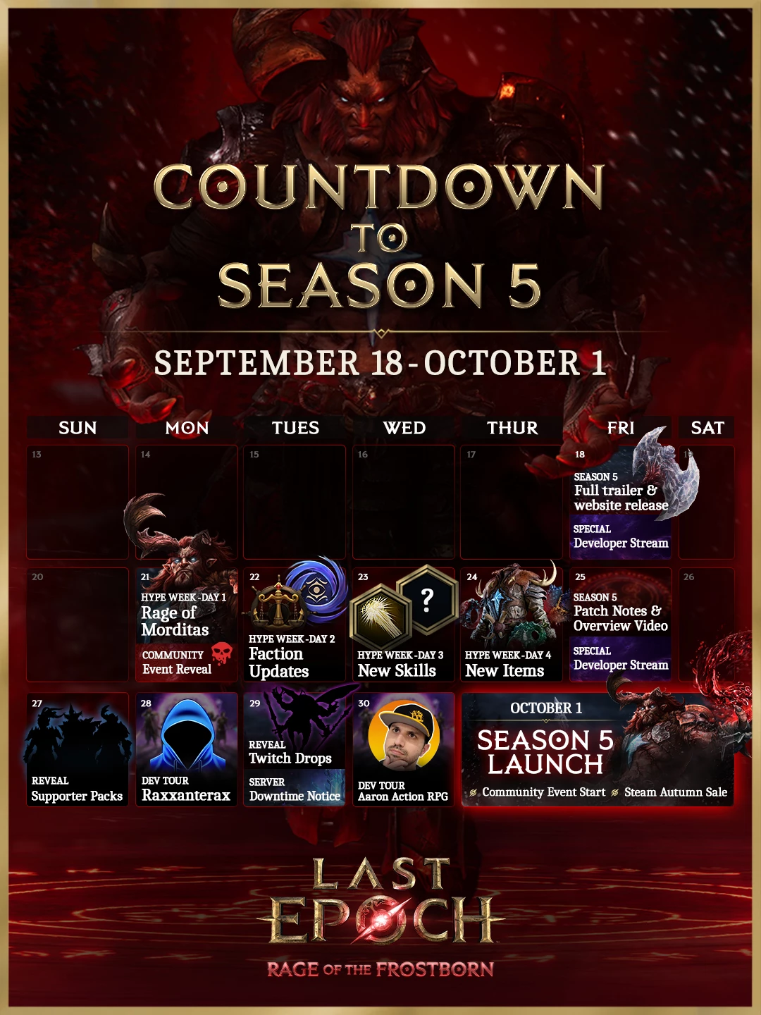 The Last Epoch team has released a calendar of events ahead of the start of Frost's Wrath Season 5