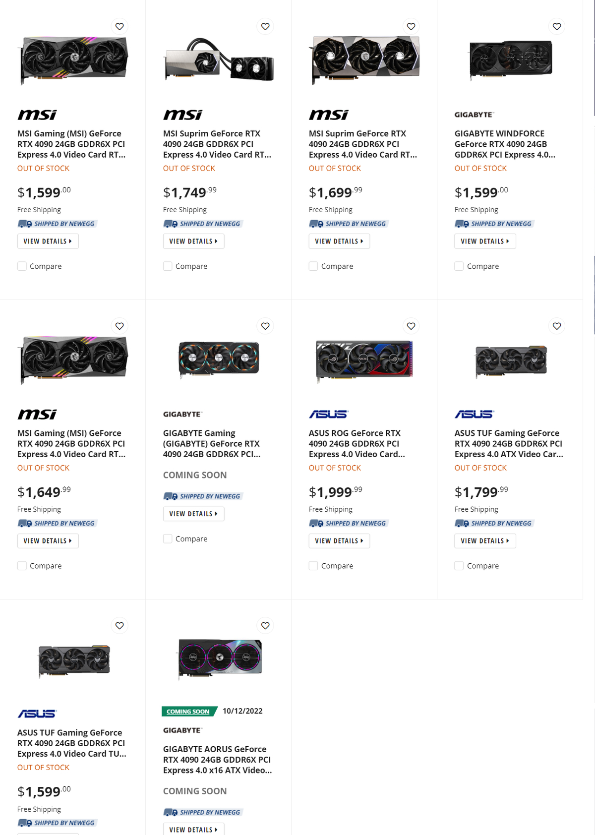 Newegg показал цены на кастомные NVIDIA GeForce RTX 4090. От 1599 до 1999 долларов за новый флагман