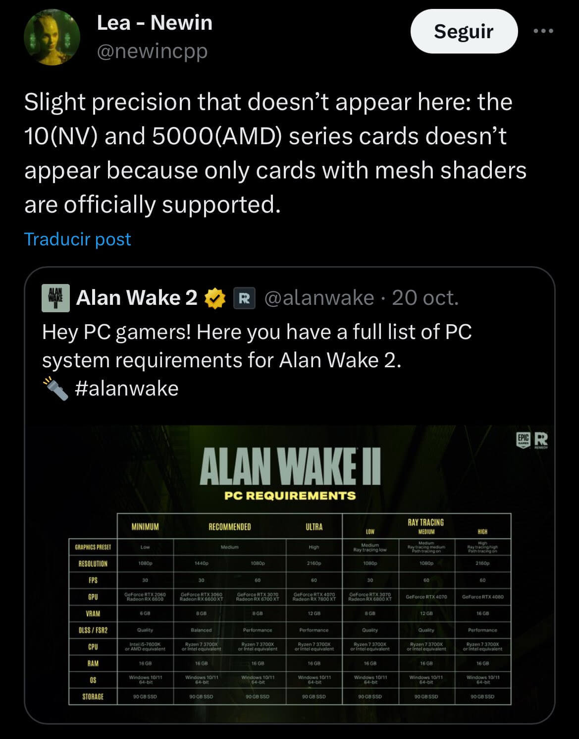 Alan Wake 2 может вообще не запуститься на GTX 10 и RX 5000, и этому даже есть объяснение