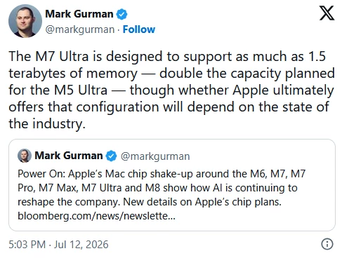 Apple хочет совместить чип M7 Ultra с 1.5 ТБ оперативной памяти