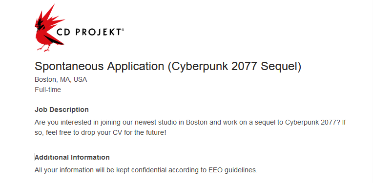 Работа над второй частью Cyberpunk 2077 идет, CD Projekt ищет кадры