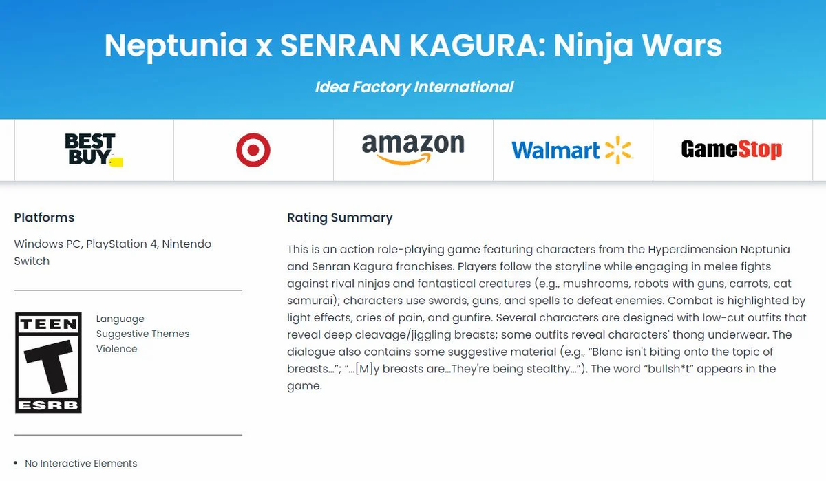 Neptunia x SENRAN KAGURA: Ninja Wars получила рейтинг на ПК и Nintendo Switch