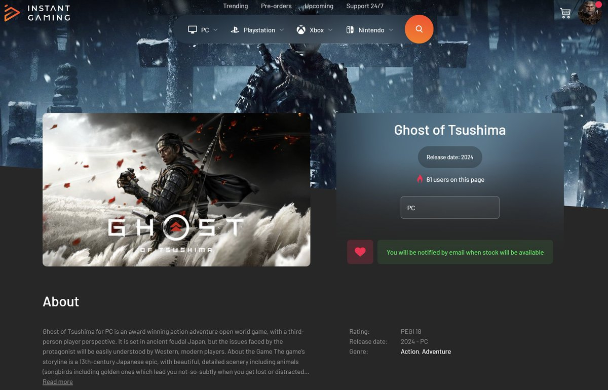 В ожидании официального анонса ПК-версии Ghost of Tsushima игру уже начали продавать