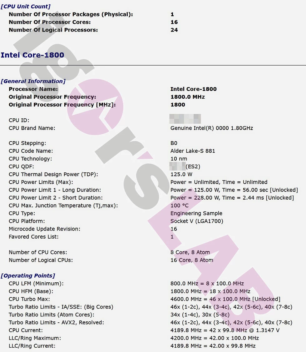 В сеть утекли характеристики Intel Core-1800 с 16 ядрами, 24 потоками и 228 Вт PL2