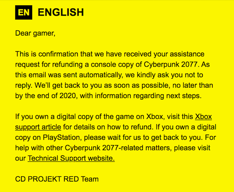 Крупные сети вроде GameStop тоже не горят желанием возвращать деньги за Cyberpunk 2077