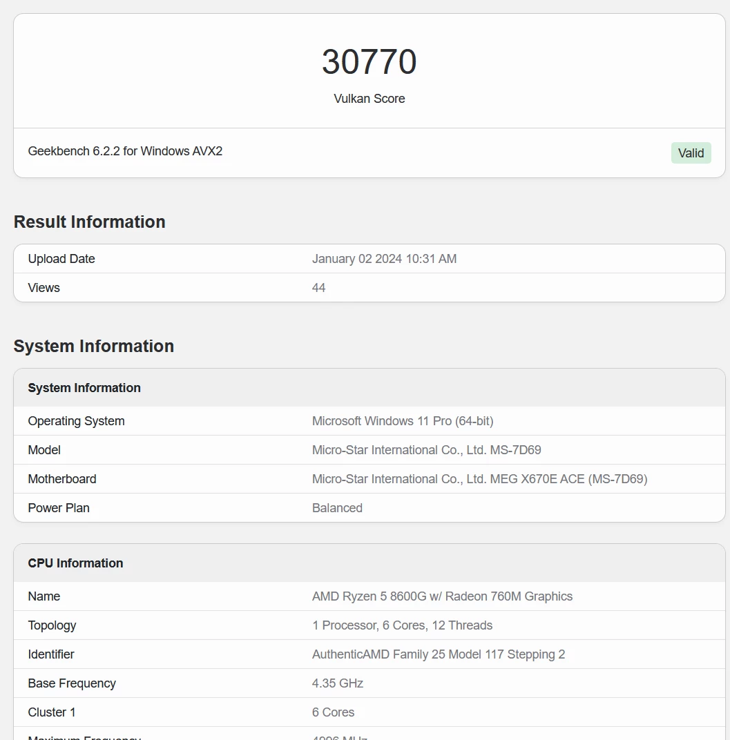 Встройка AMD Ryzen 5 8600G оказалась на уровне GTX 1060 в Vulkan